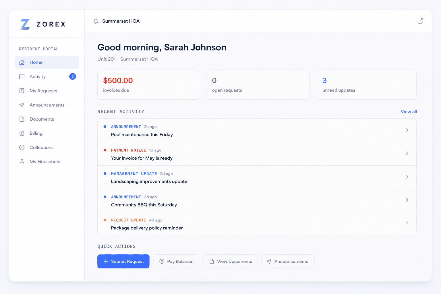 Resident portal — homeowner home screen showing activity feed, billing summary, and quick actions